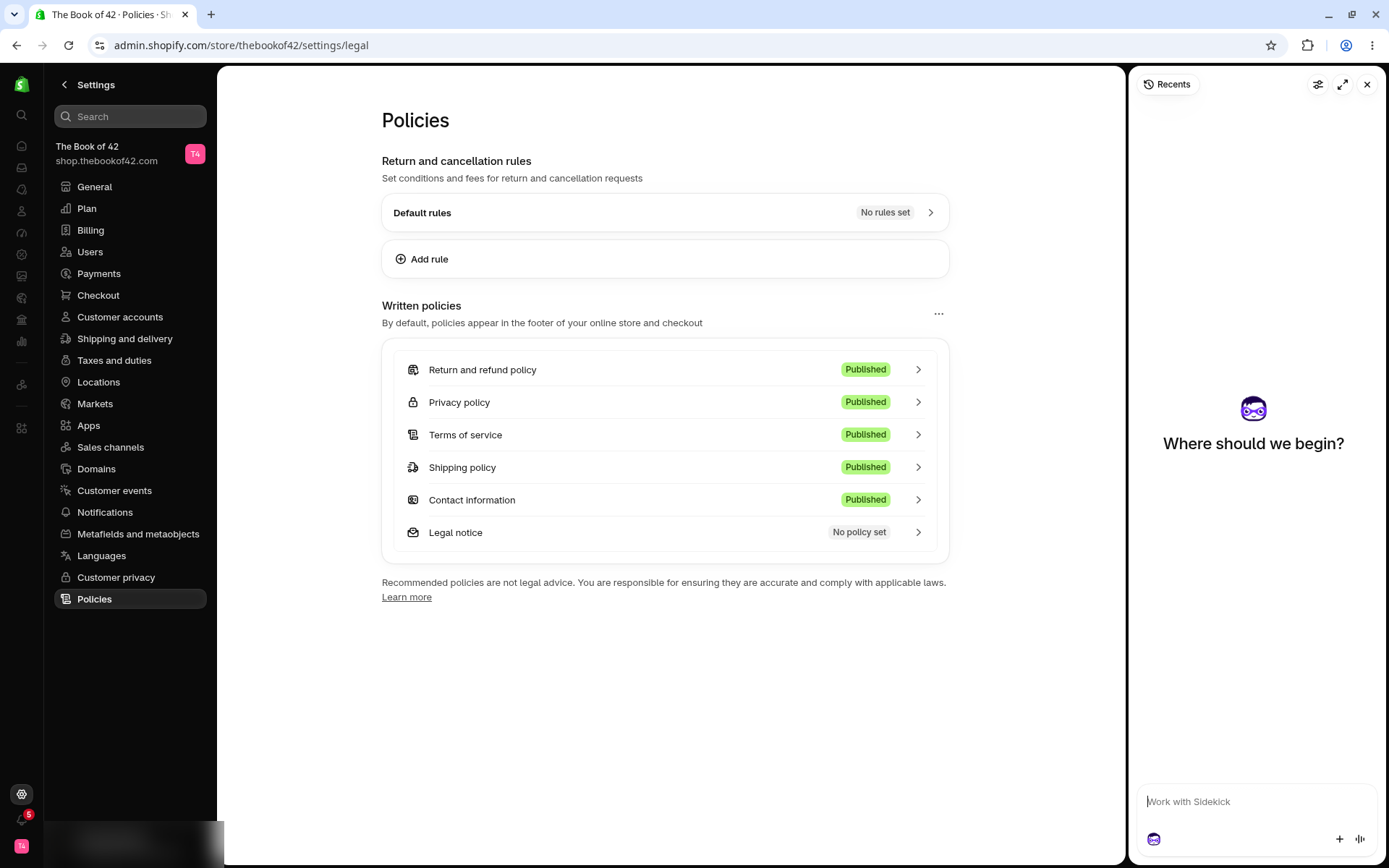 Shopify Settings > Policies with personal details cropped out
