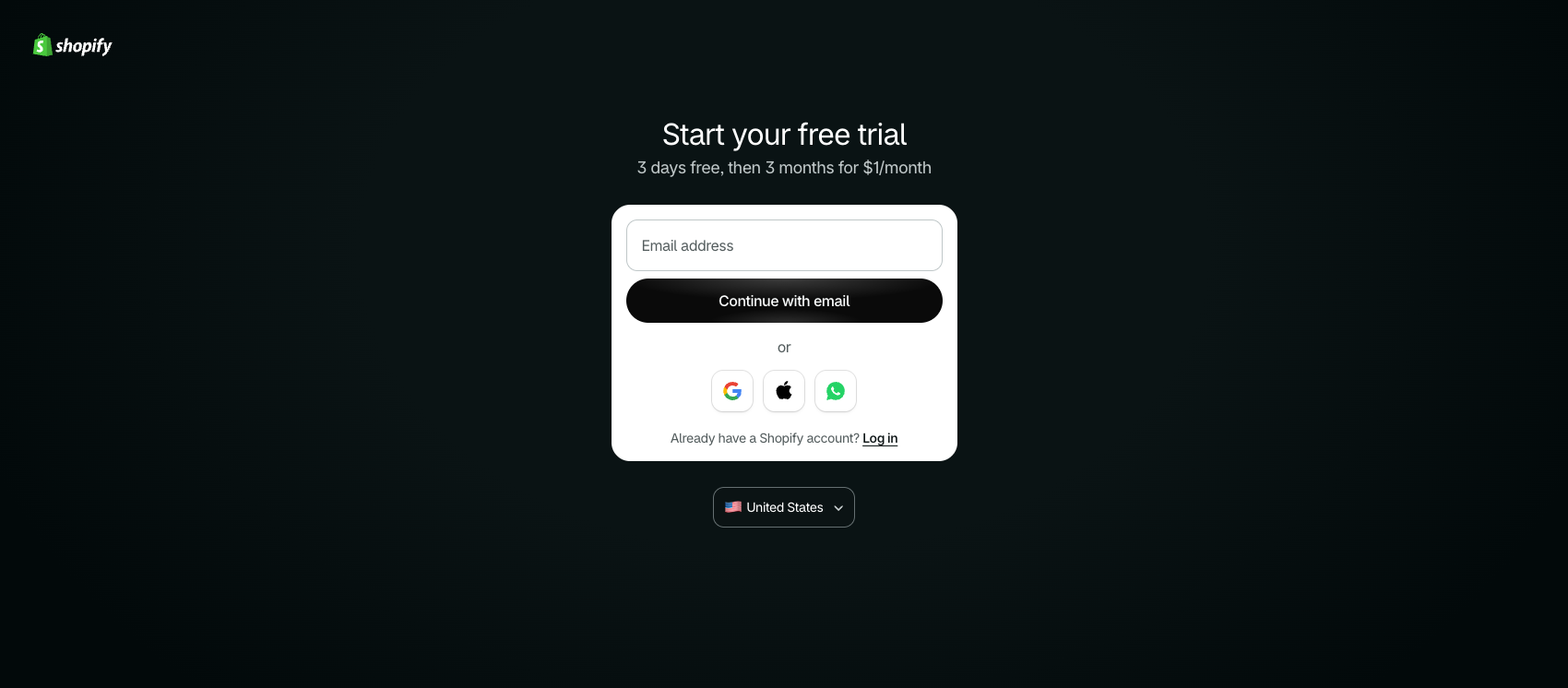 Shopify’s sign-up page showing the $1 offer