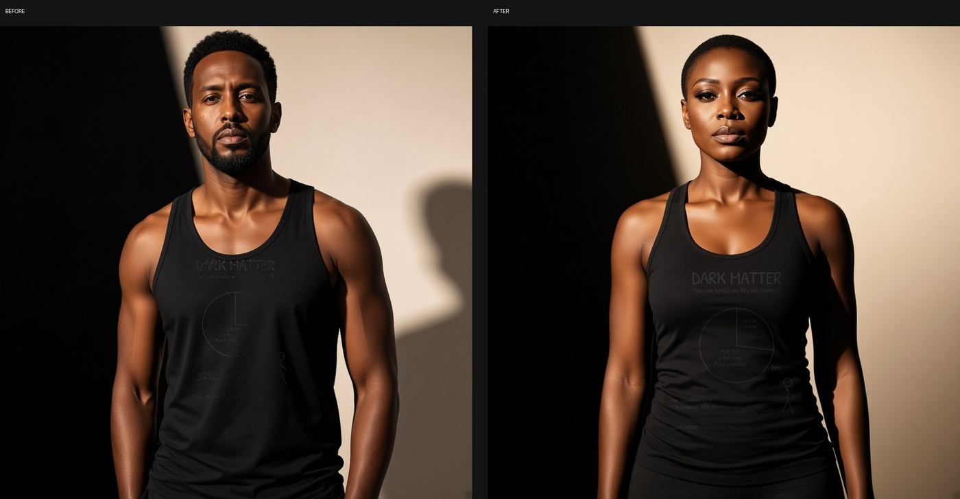 Before and after: Generated model photos redraw your print. Put the real file back on.