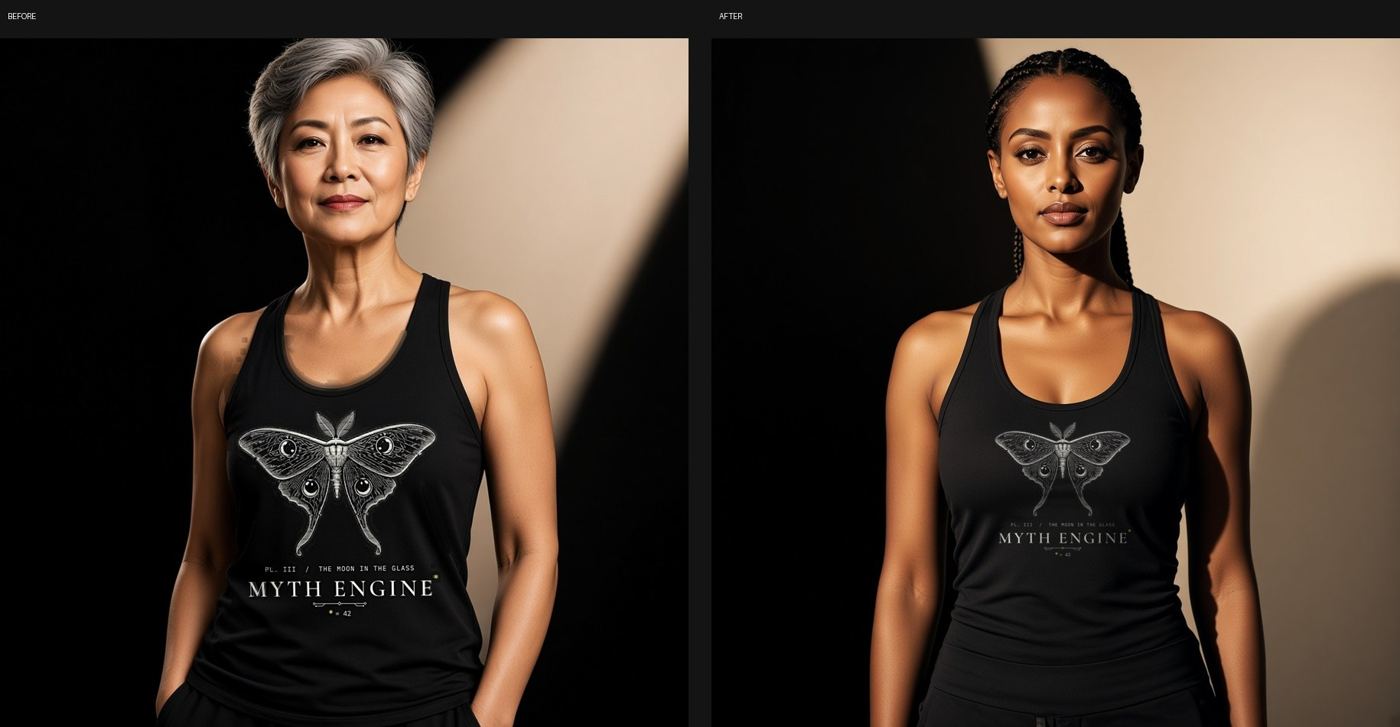 Before and after: Generated model photos redraw your print. Put the real file back on.